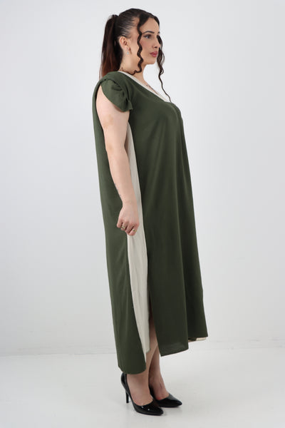 Italian V - Neck Panel Cap Sleeve Two Side Slit Midi Dress