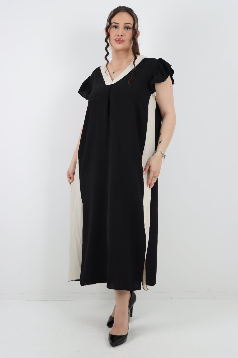 Italian V - Neck Panel Cap Sleeve Two Side Slit Midi Dress