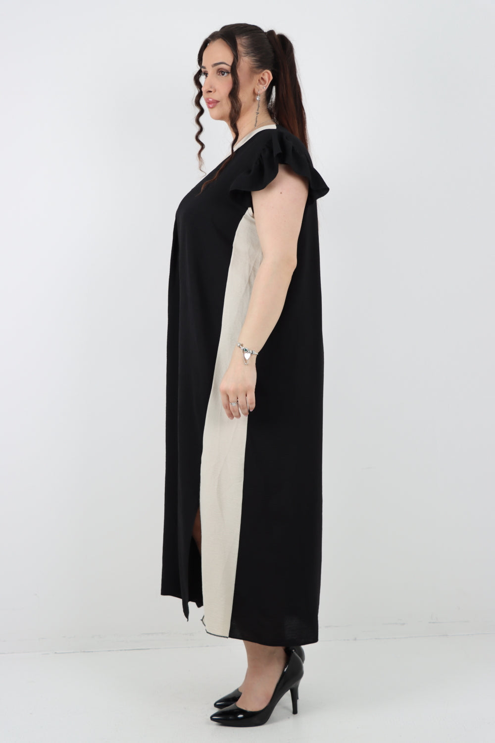 Italian V - Neck Panel Cap Sleeve Two Side Slit Midi Dress