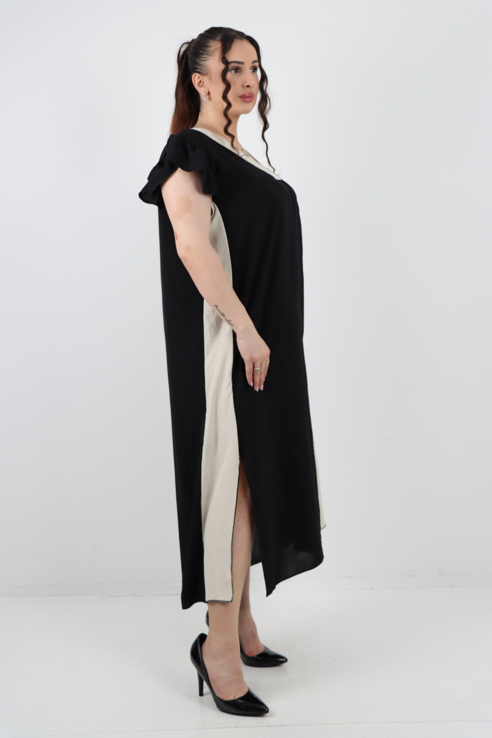 Italian V - Neck Panel Cap Sleeve Two Side Slit Midi Dress