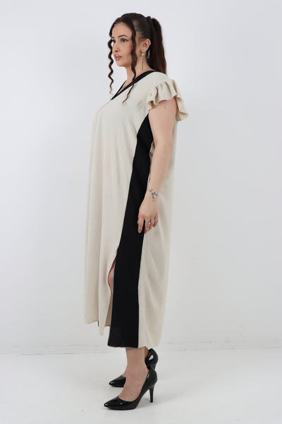 Italian V - Neck Panel Cap Sleeve Two Side Slit Midi Dress