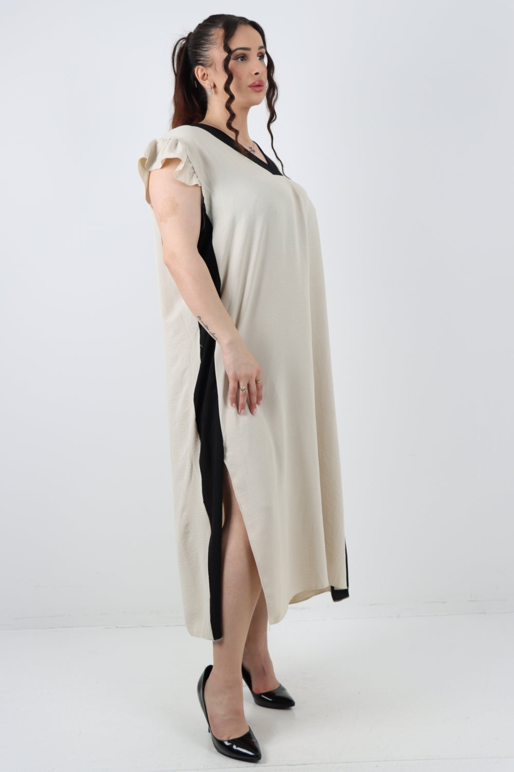 Italian V - Neck Panel Cap Sleeve Two Side Slit Midi Dress