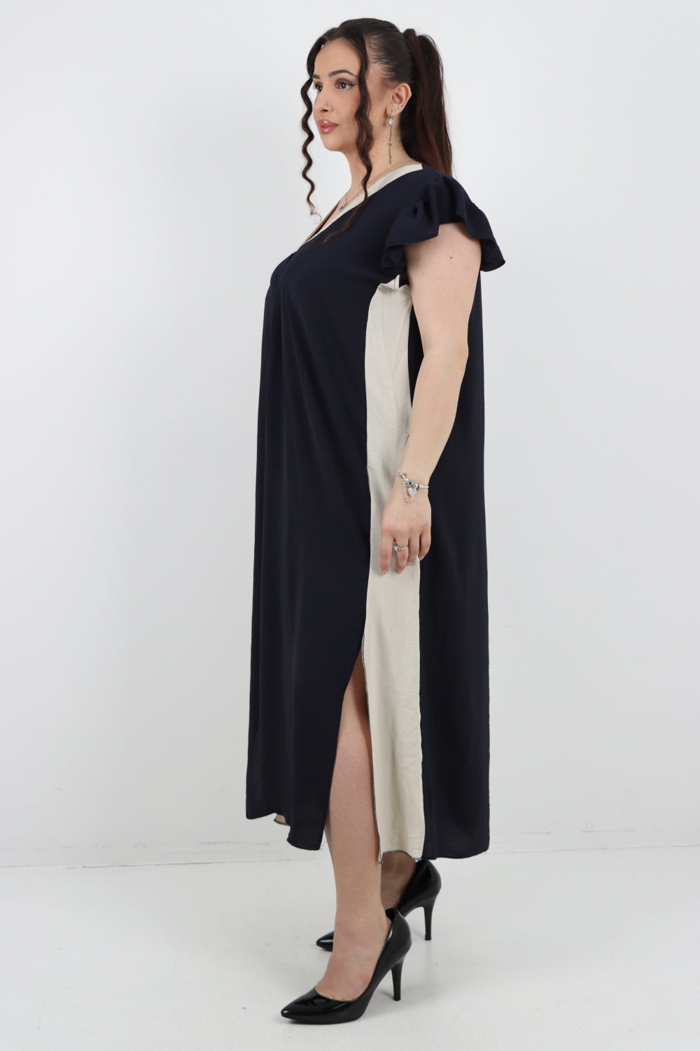 Italian V - Neck Panel Cap Sleeve Two Side Slit Midi Dress