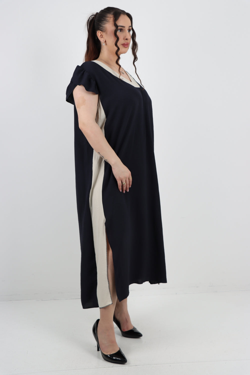 Italian V - Neck Panel Cap Sleeve Two Side Slit Midi Dress