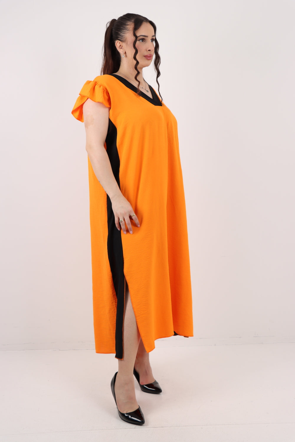 Italian V - Neck Panel Cap Sleeve Two Side Slit Midi Dress