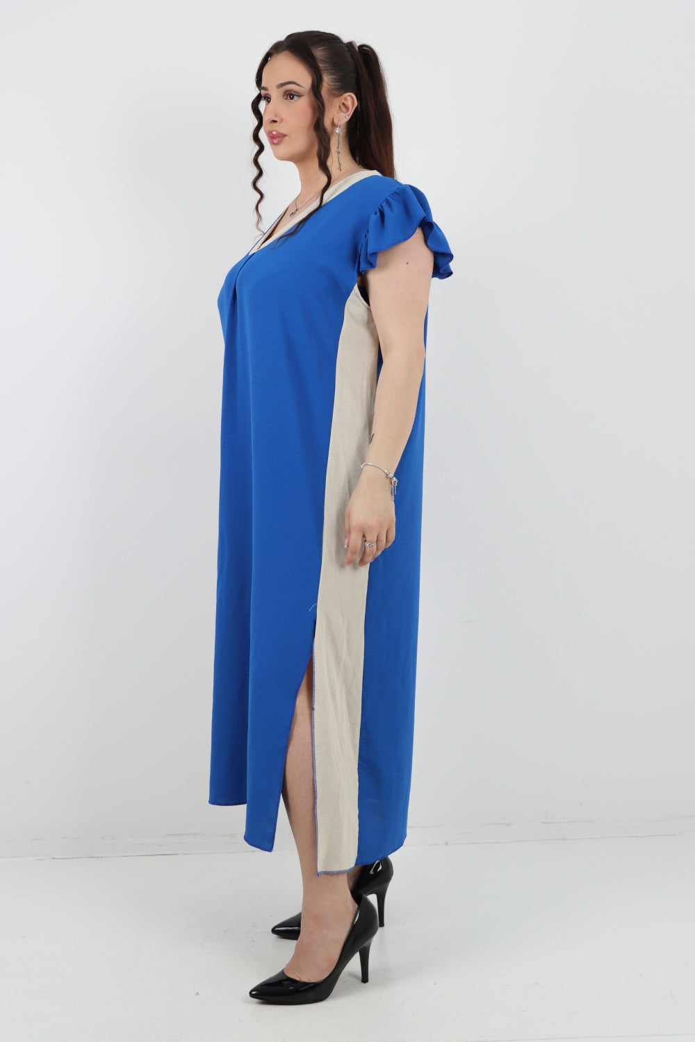 Italian V - Neck Panel Cap Sleeve Two Side Slit Midi Dress