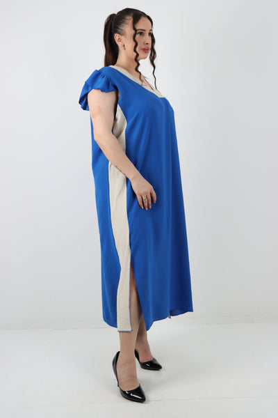 Italian V - Neck Panel Cap Sleeve Two Side Slit Midi Dress