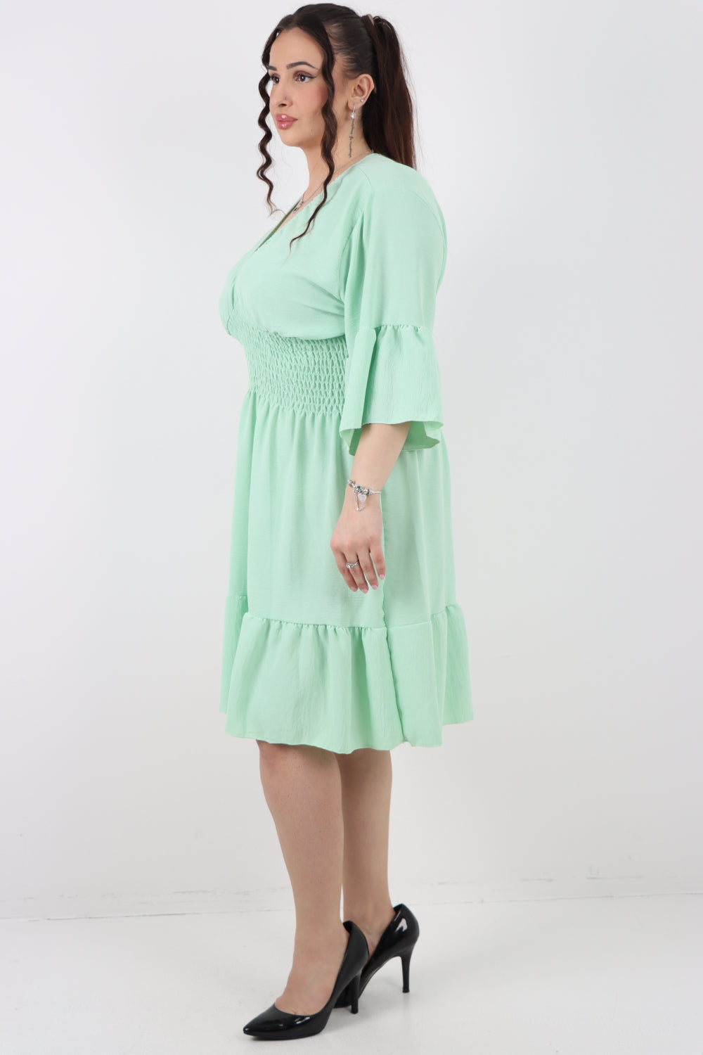 Italian V Neck Shirred Waist Frill Sleeve Mini Dress