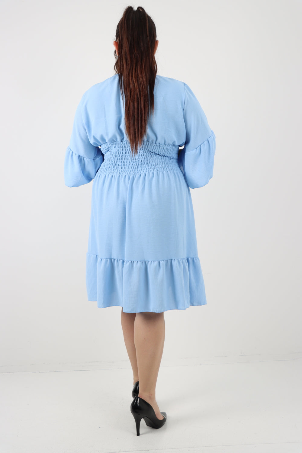 Italian V Neck Shirred Waist Frill Sleeve Mini Dress