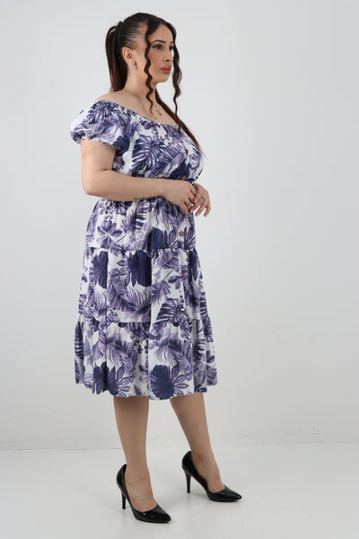 Italian Bardot Printed Puff Sleeve Midi Dress