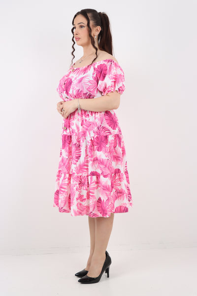 Italian Bardot Printed Puff Sleeve Midi Dress