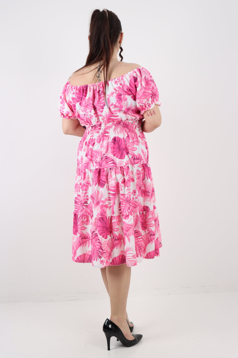 Italian Bardot Printed Puff Sleeve Midi Dress