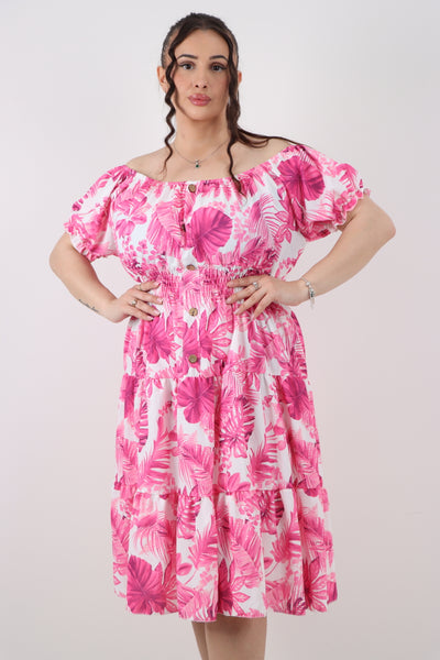 Italian Bardot Printed Puff Sleeve Midi Dress