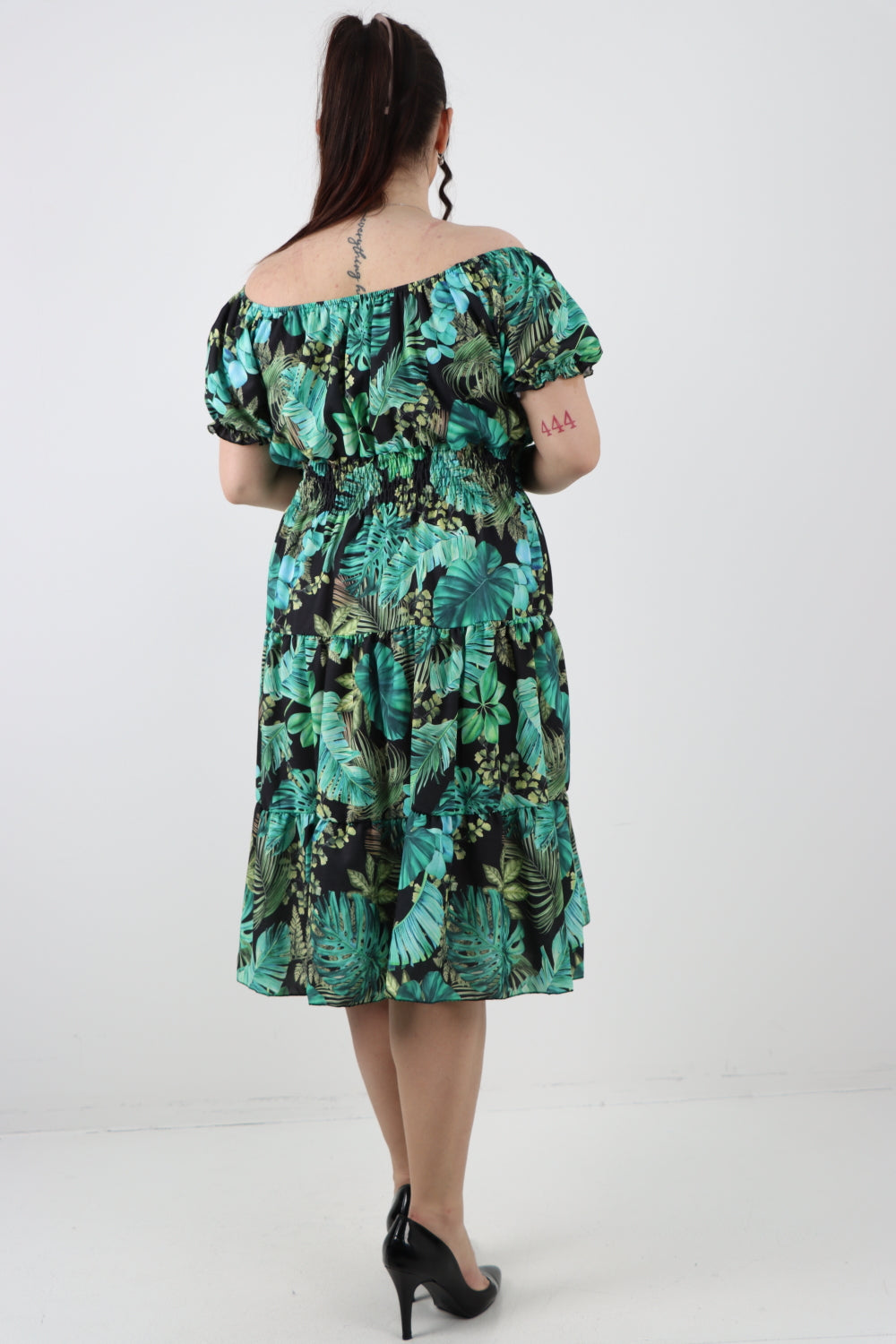 Italian Bardot Printed Puff Sleeve Midi Dress