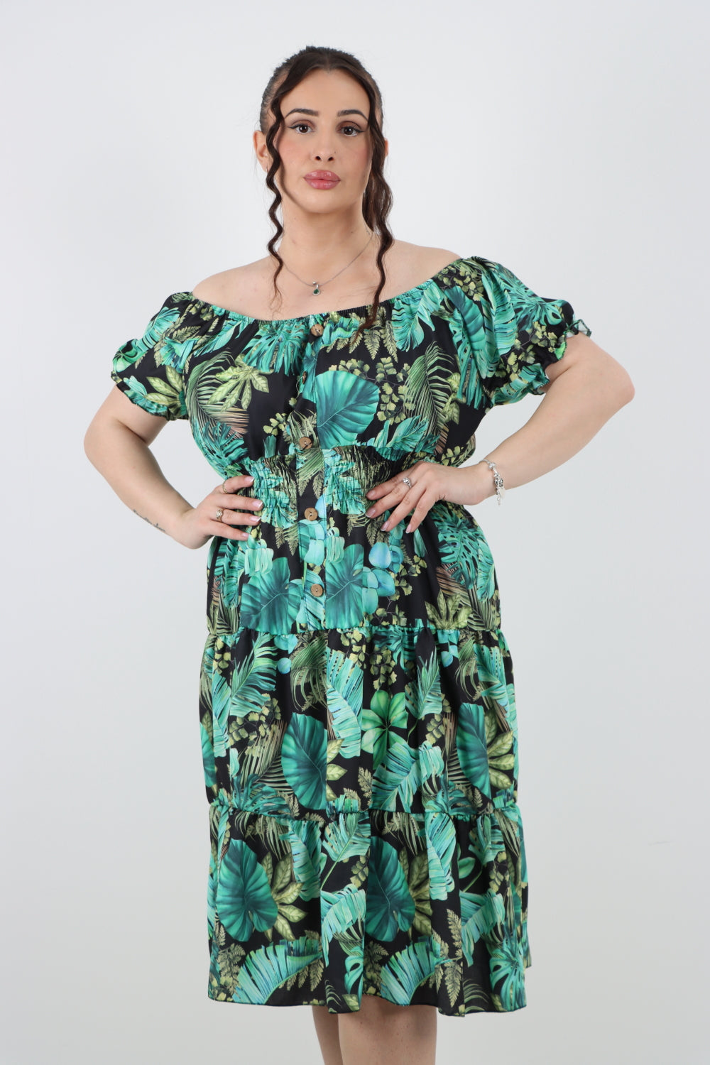 Italian Bardot Printed Puff Sleeve Midi Dress