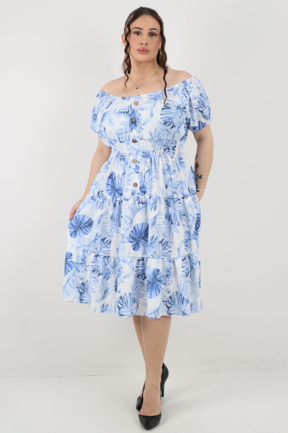 Italian Bardot Printed Puff Sleeve Midi Dress