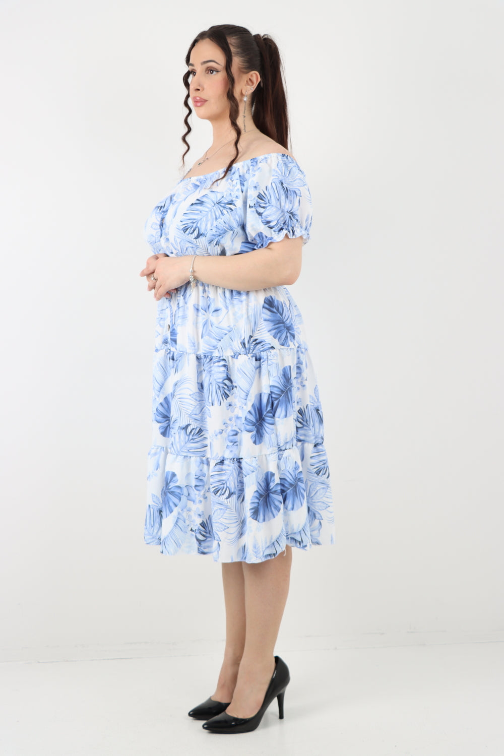 Italian Bardot Printed Puff Sleeve Midi Dress