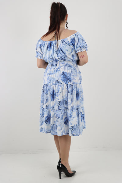 Italian Bardot Printed Puff Sleeve Midi Dress