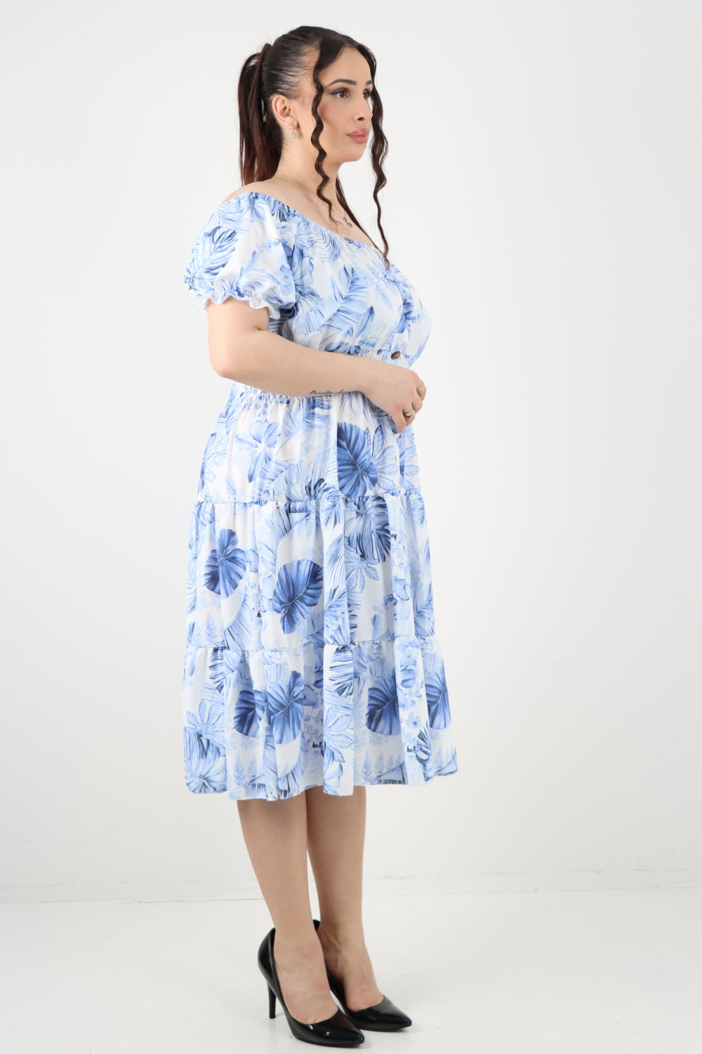 Italian Bardot Printed Puff Sleeve Midi Dress