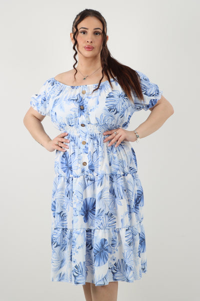 Italian Bardot Printed Puff Sleeve Midi Dress