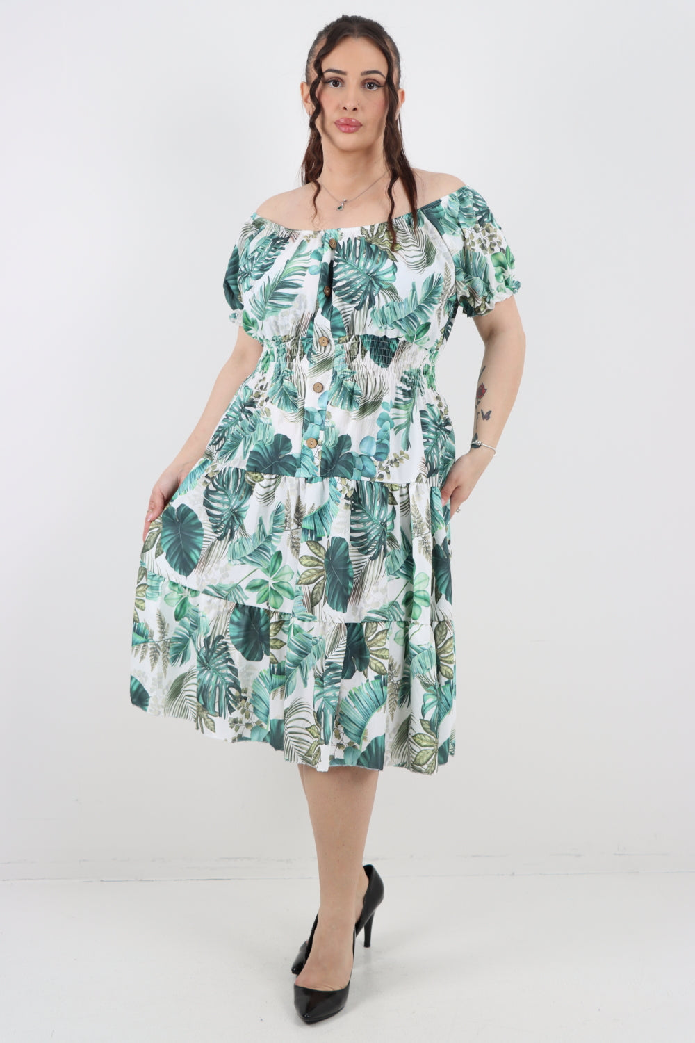 Italian Bardot Printed Puff Sleeve Midi Dress