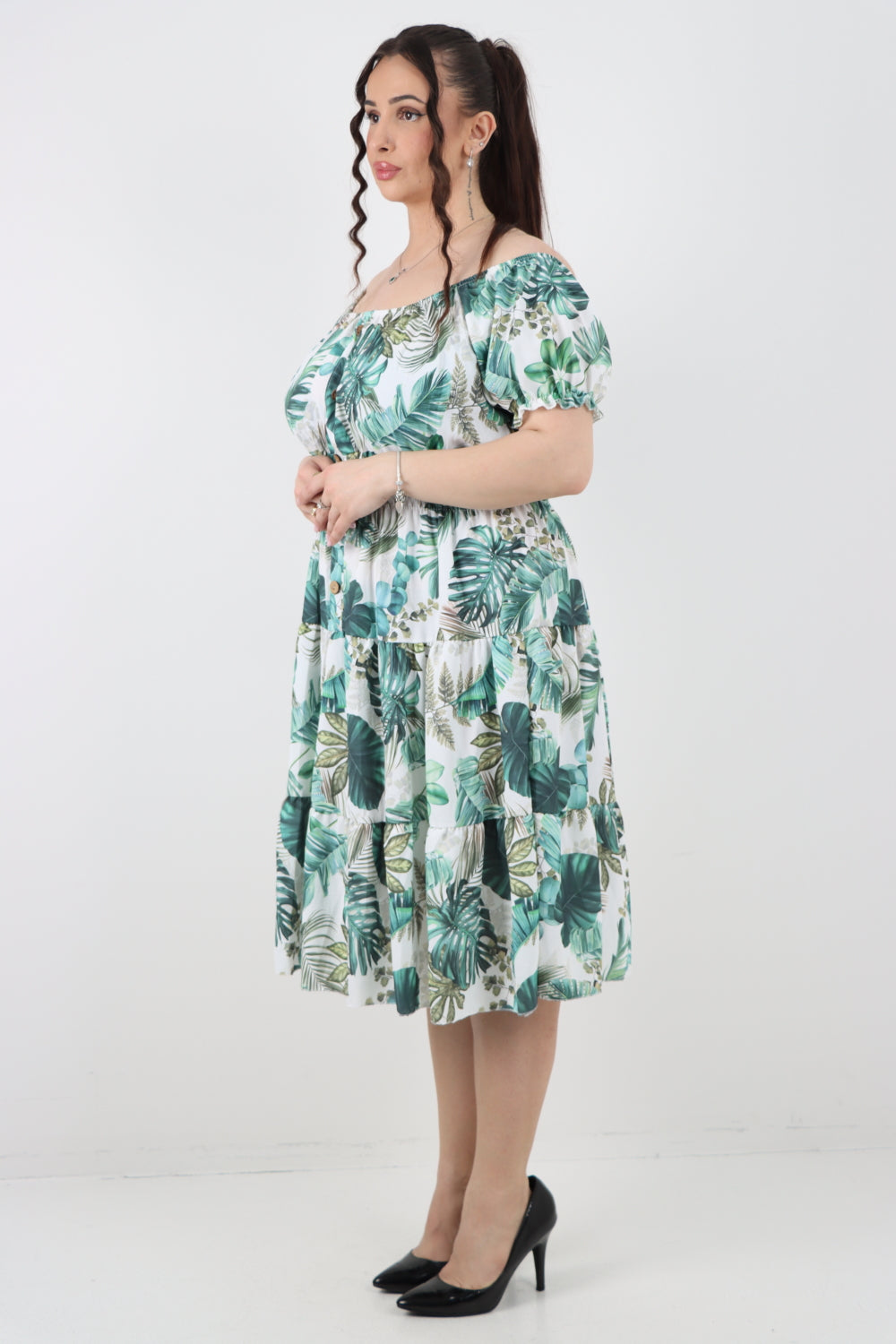 Italian Bardot Printed Puff Sleeve Midi Dress