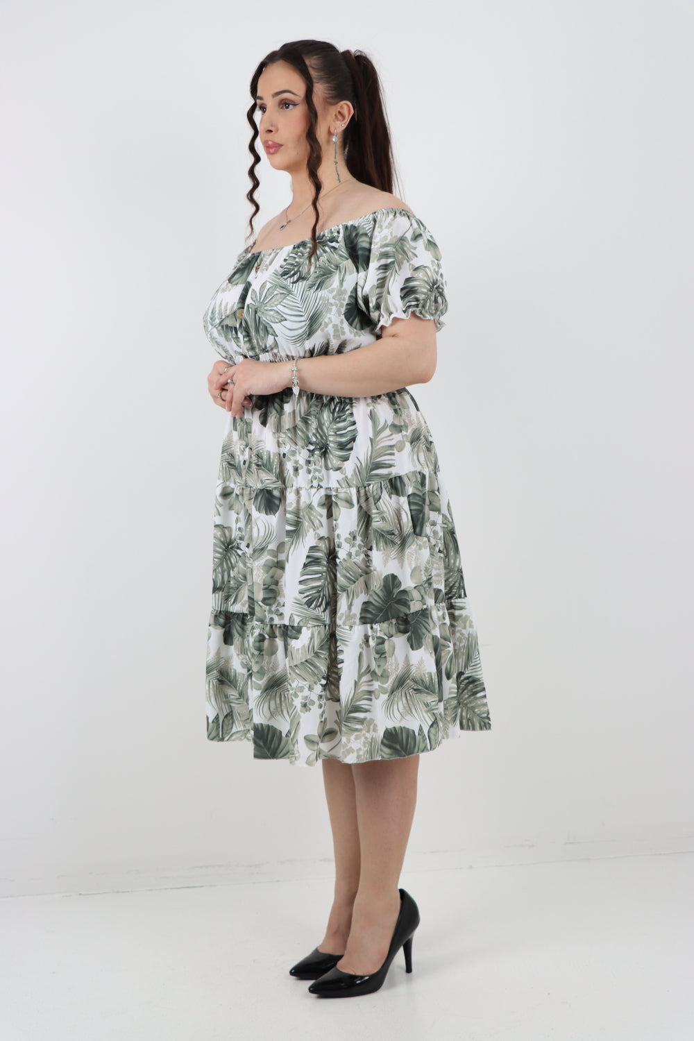 Italian Bardot Printed Puff Sleeve Midi Dress