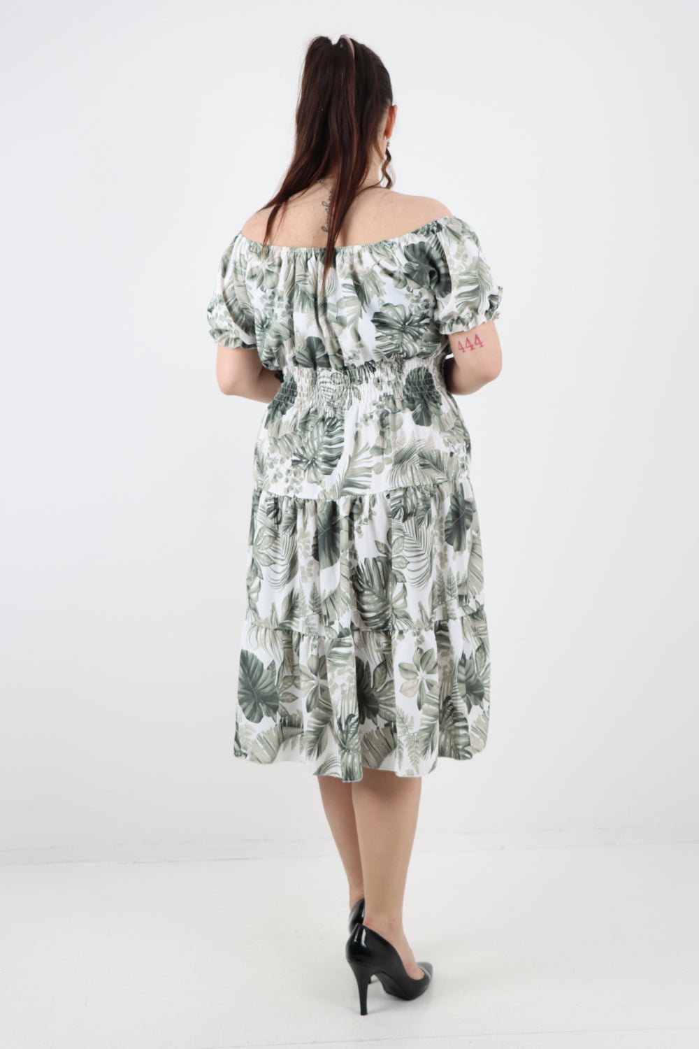 Italian Bardot Printed Puff Sleeve Midi Dress