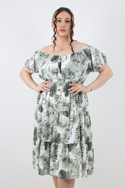 Italian Bardot Printed Puff Sleeve Midi Dress