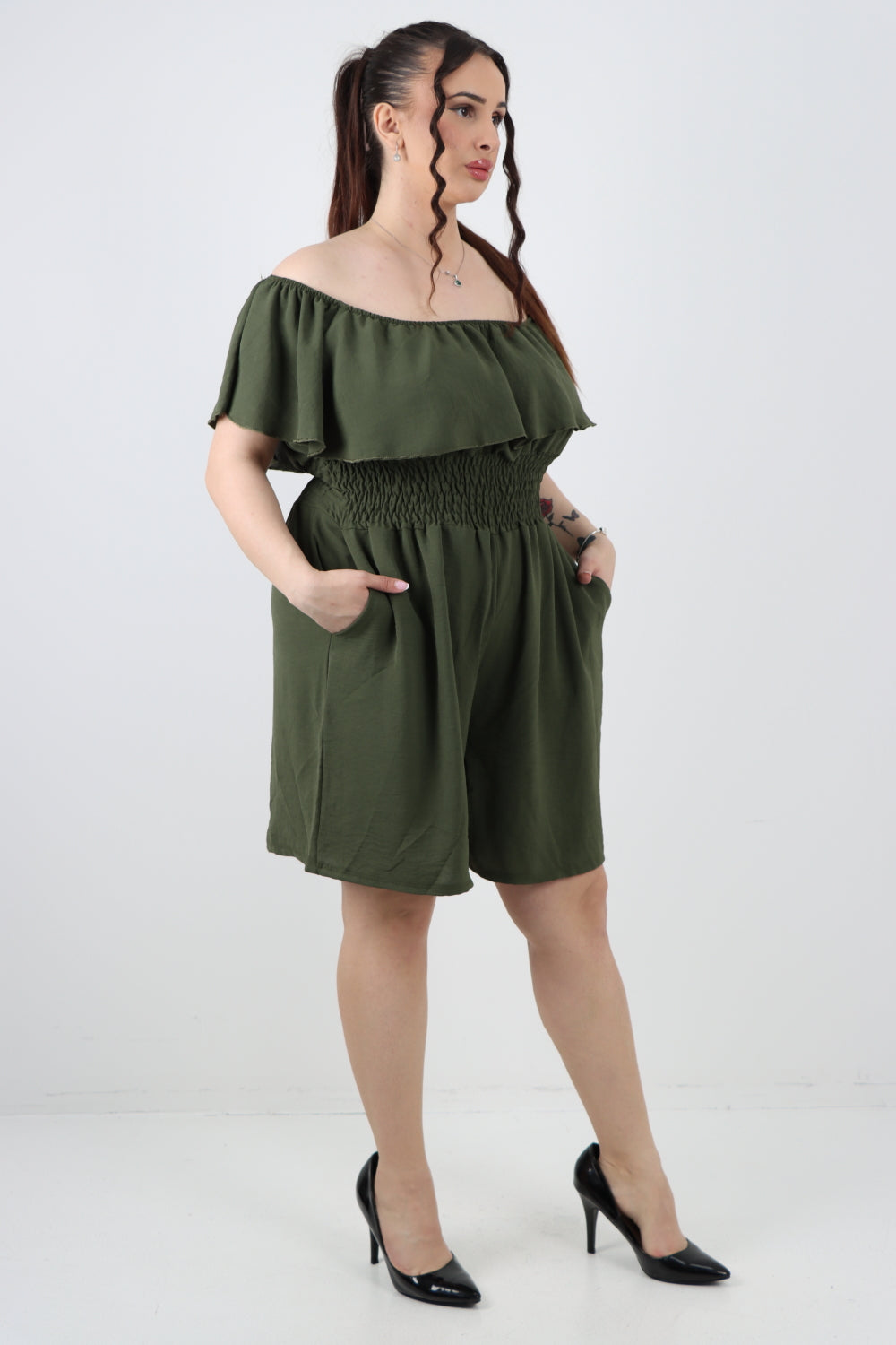 Italian Bardot Overlay Shirred Elasticated Waist Playsuit