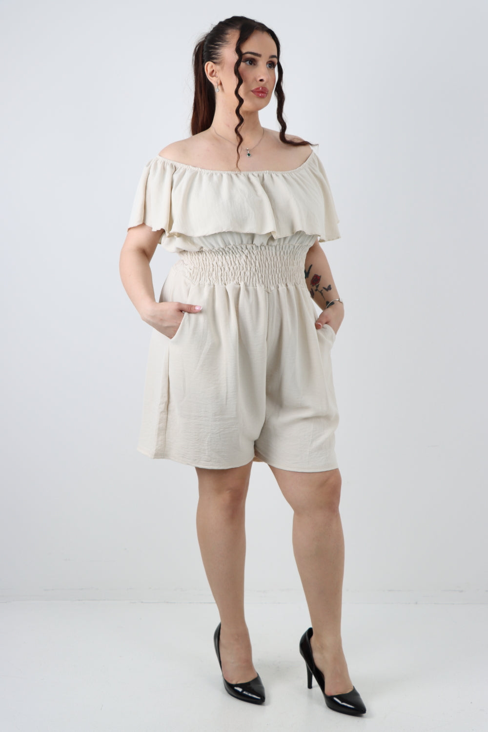 Italian Bardot Overlay Shirred Elasticated Waist Playsuit