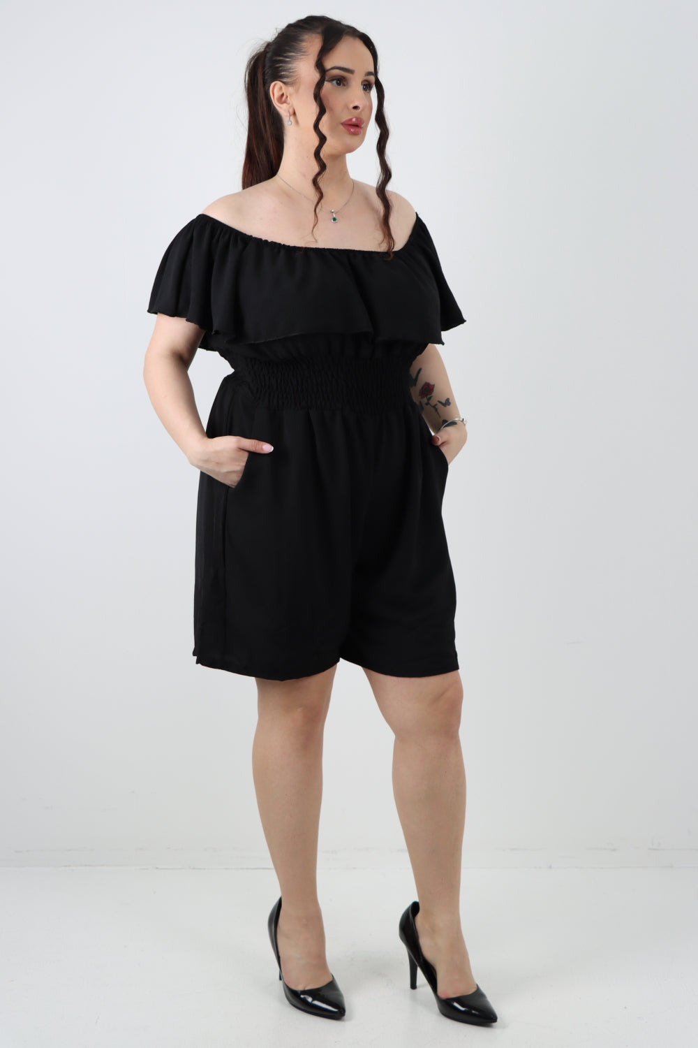 Italian Bardot Overlay Shirred Elasticated Waist Playsuit