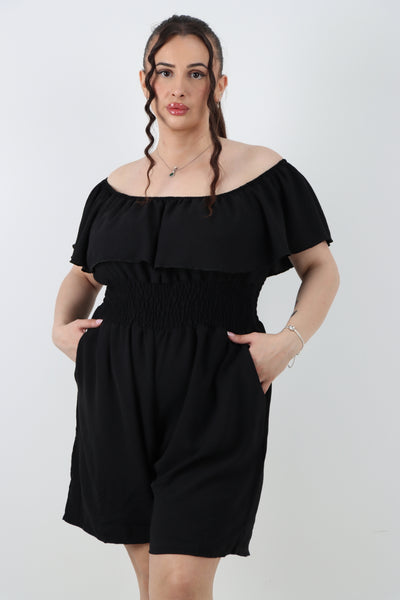 Italian Bardot Overlay Shirred Elasticated Waist Playsuit