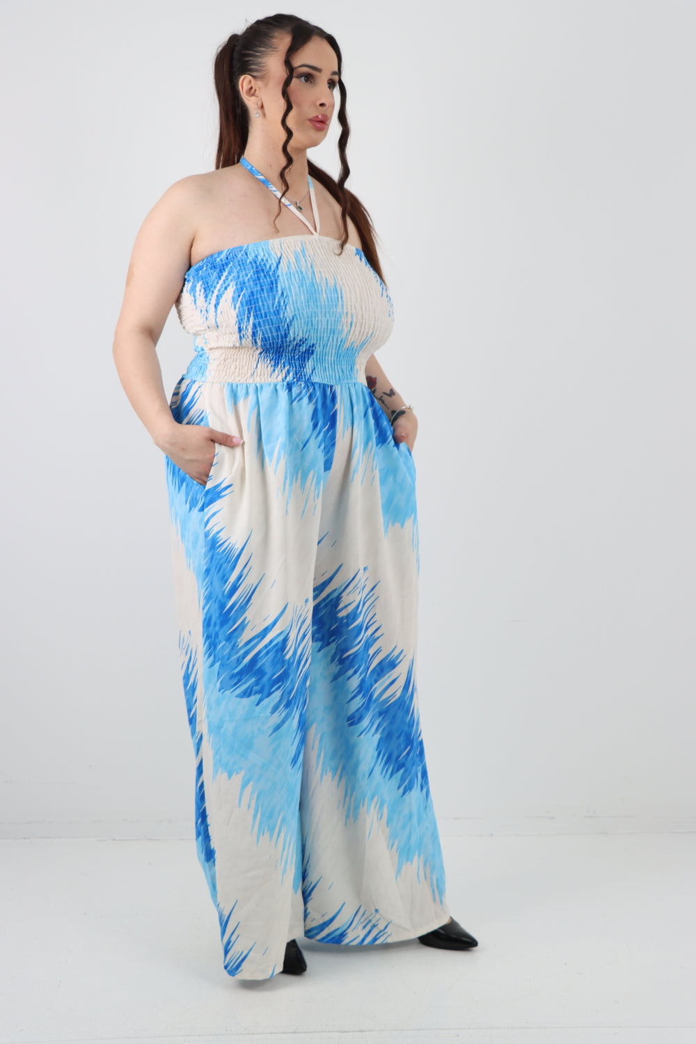 Italian Halter Neck Side Pockets Tie Dye Print Jumpsuit