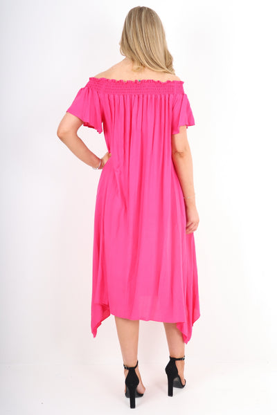 Italian Shirred Off Shoulder Hanky Hem Midi Dress