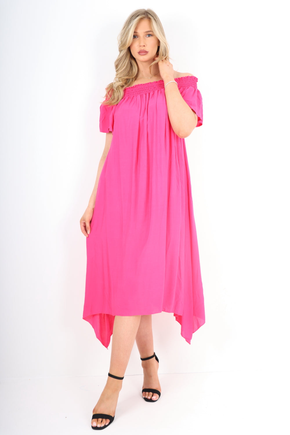 Italian Shirred Off Shoulder Hanky Hem Midi Dress