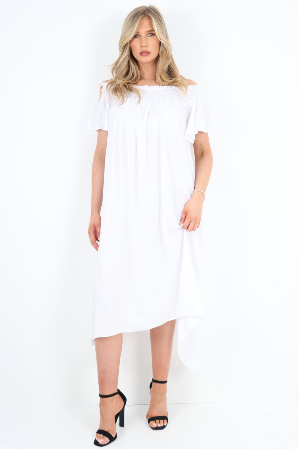 Italian Shirred Off Shoulder Hanky Hem Midi Dress