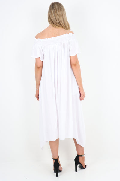 Italian Shirred Off Shoulder Hanky Hem Midi Dress