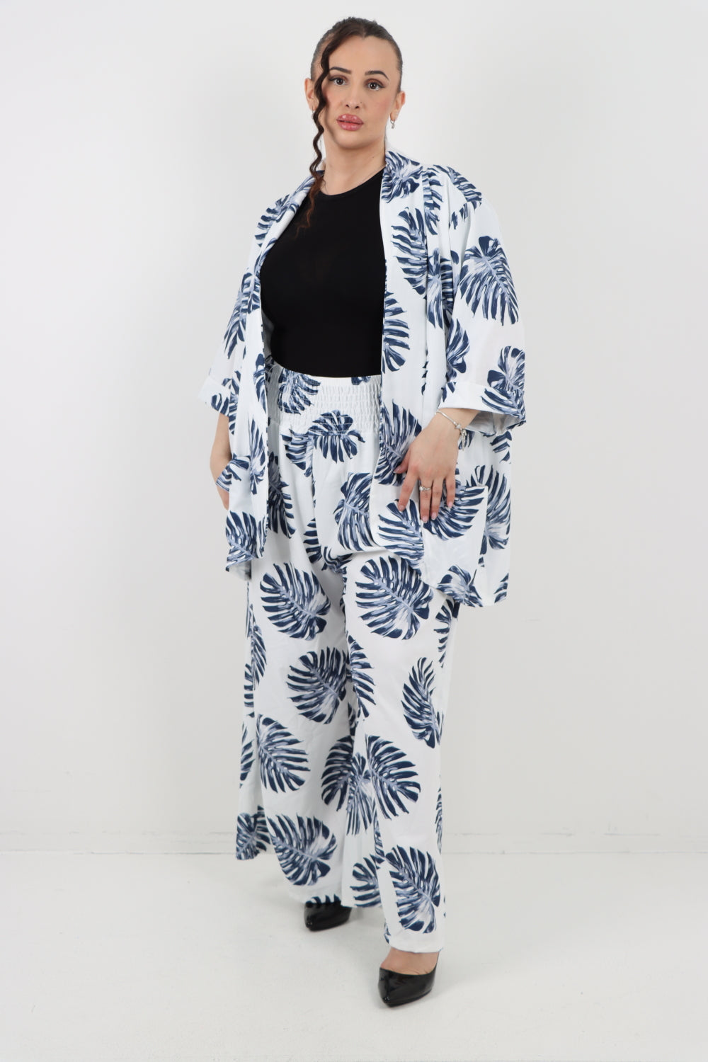 Italian Monstera Leaf  Print Cardigan Top and Trouser Co-Ord Set