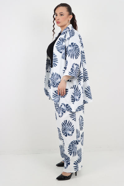 Italian Monstera Leaf  Print Cardigan Top and Trouser Co-Ord Set