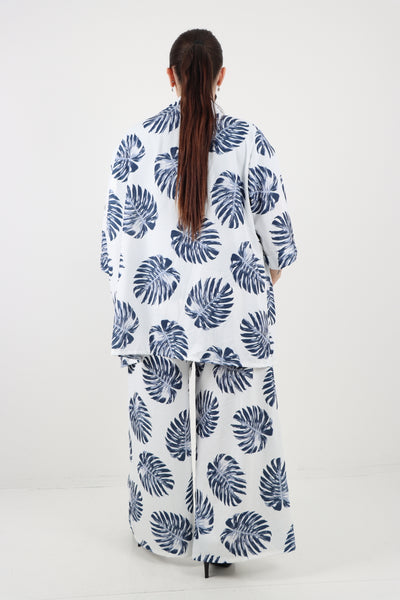 Italian Monstera Leaf  Print Cardigan Top and Trouser Co-Ord Set