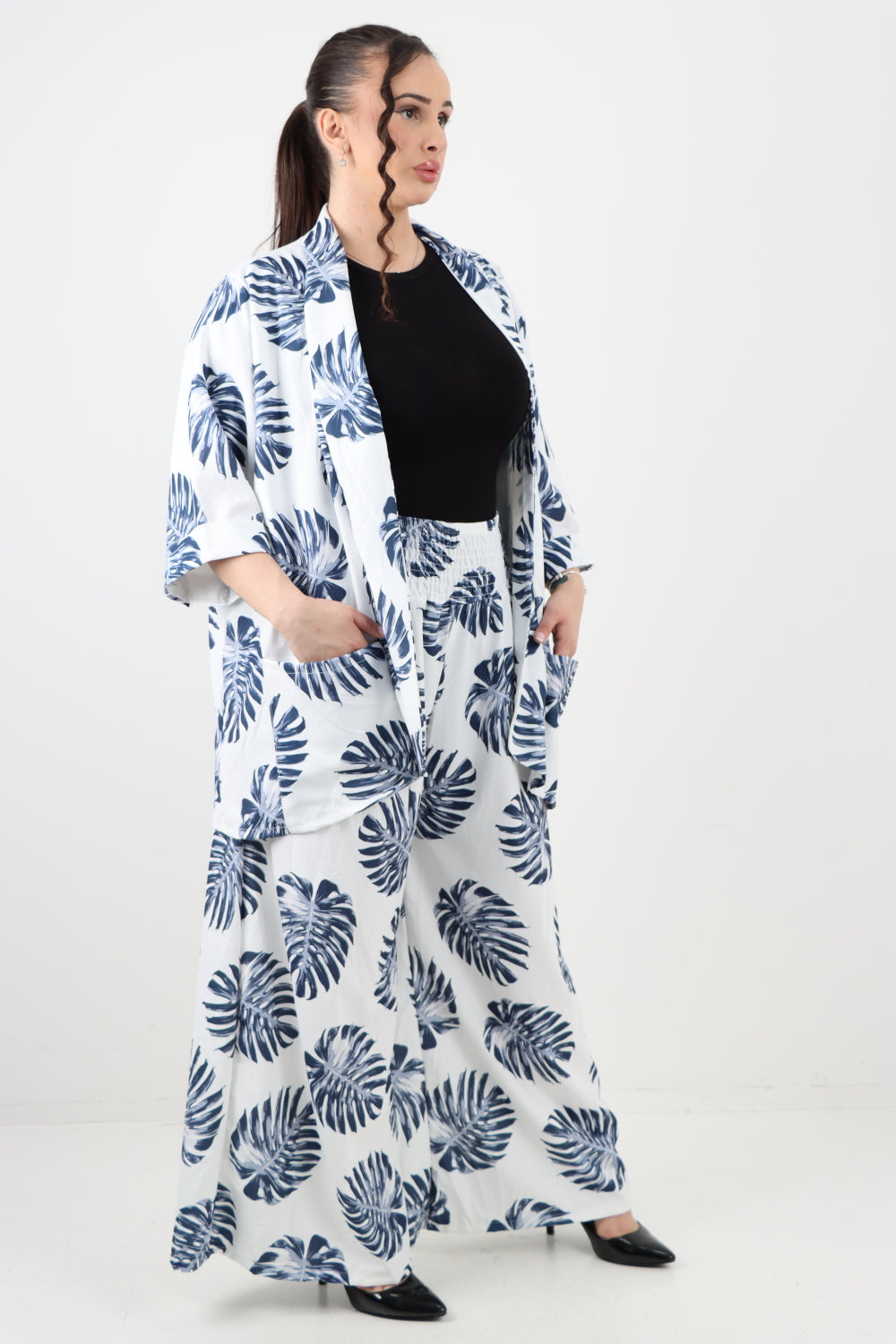 Italian Monstera Leaf  Print Cardigan Top and Trouser Co-Ord Set