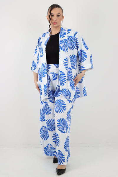 Italian Monstera Leaf  Print Cardigan Top and Trouser Co-Ord Set