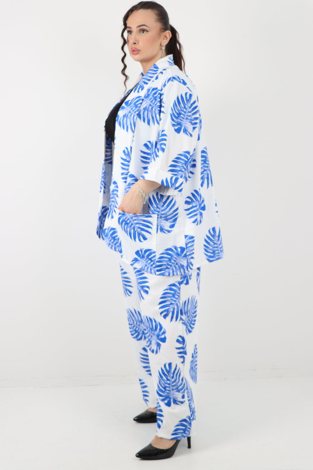 Italian Monstera Leaf  Print Cardigan Top and Trouser Co-Ord Set