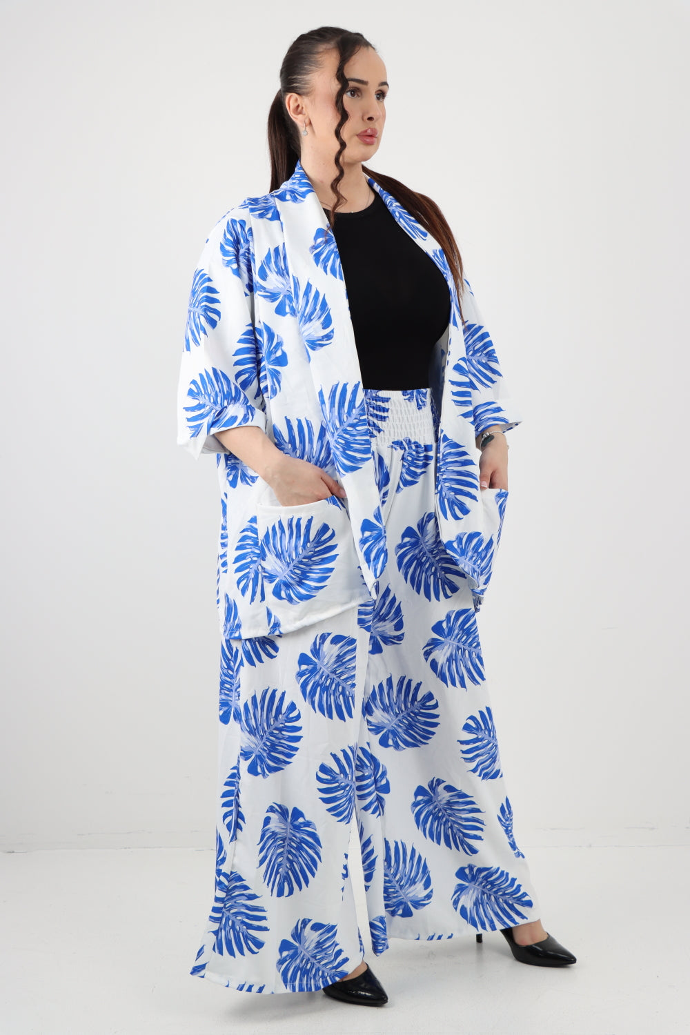 Italian Monstera Leaf  Print Cardigan Top and Trouser Co-Ord Set