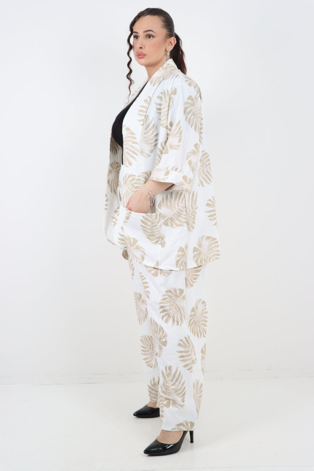 Italian Monstera Leaf  Print Cardigan Top and Trouser Co-Ord Set