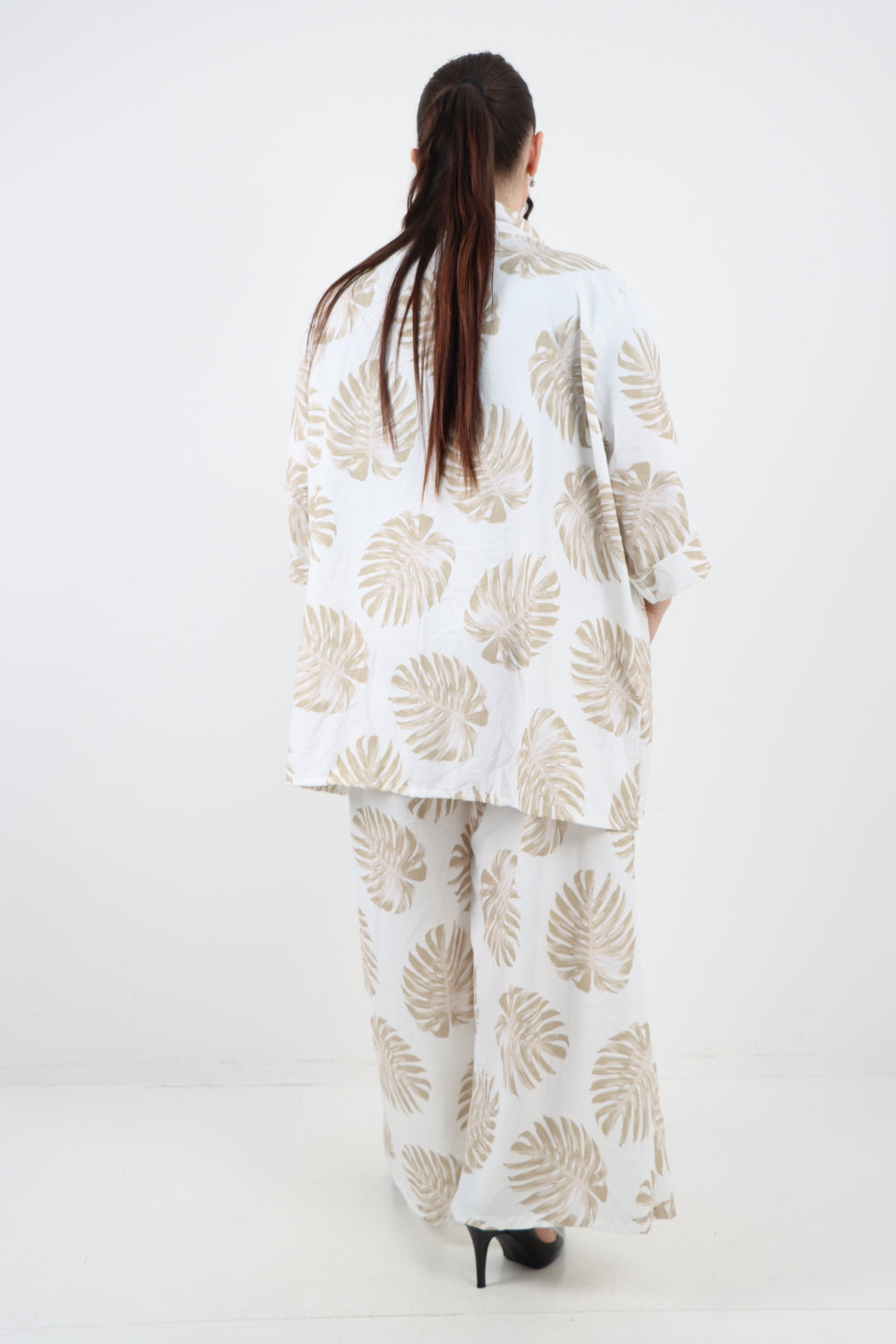 Italian Monstera Leaf  Print Cardigan Top and Trouser Co-Ord Set