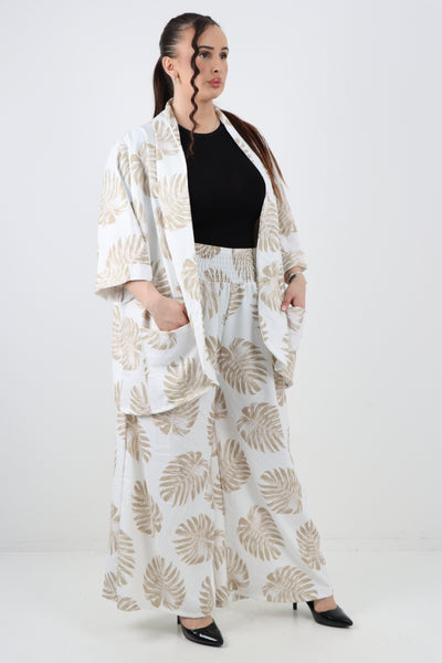 Italian Monstera Leaf  Print Cardigan Top and Trouser Co-Ord Set