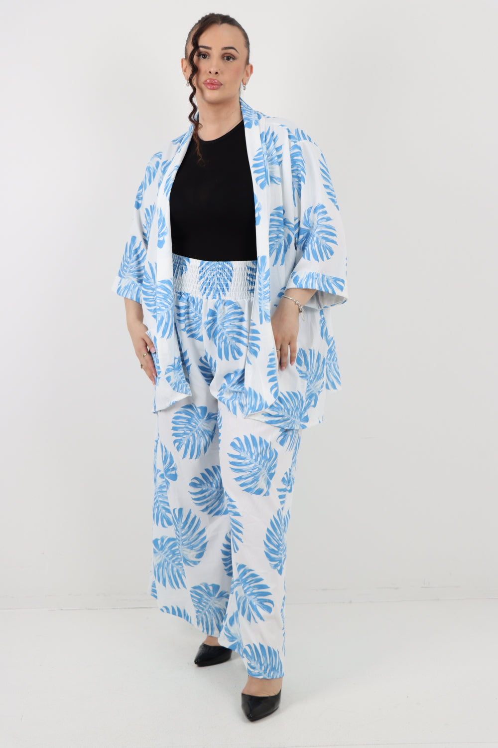 Italian Monstera Leaf  Print Cardigan Top and Trouser Co-Ord Set