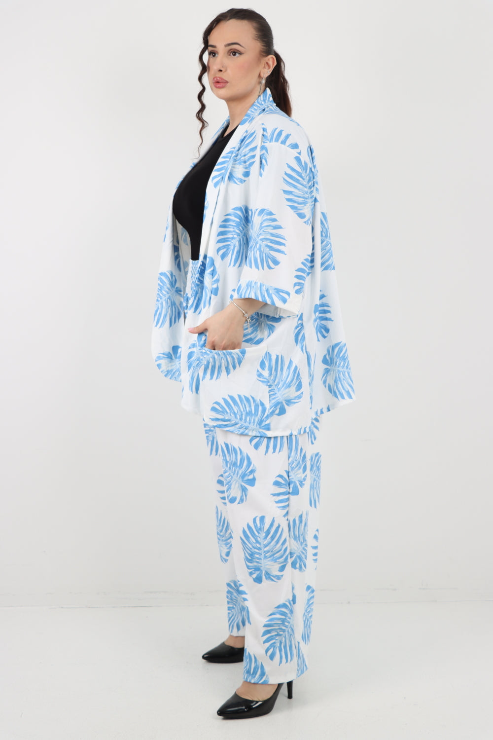 Italian Monstera Leaf  Print Cardigan Top and Trouser Co-Ord Set